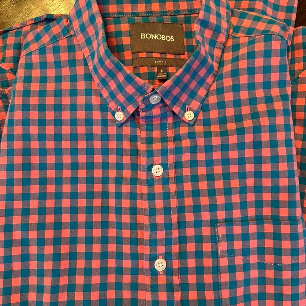 Bonobos Men's Vibrant Blue and Pink Plaid Shirt. Slim fit. Size Large.